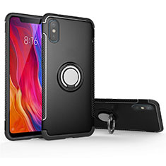 Silicone Matte Finish and Plastic Back Cover Case with Magnetic Finger Ring Stand for Xiaomi Mi 8 Pro Global Version Black