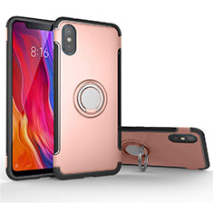 Silicone Matte Finish and Plastic Back Cover Case with Magnetic Finger Ring Stand for Xiaomi Mi 8 Pro Global Version Rose Gold