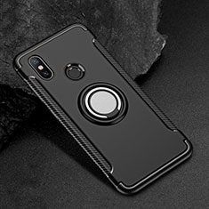 Silicone Matte Finish and Plastic Back Cover Case with Magnetic Finger Ring Stand for Xiaomi Mi Max 3 Black