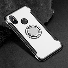 Silicone Matte Finish and Plastic Back Cover Case with Magnetic Finger Ring Stand for Xiaomi Mi Max 3 Silver