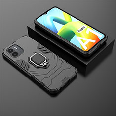 Silicone Matte Finish and Plastic Back Cover Case with Magnetic Finger Ring Stand for Xiaomi Poco C51 Black