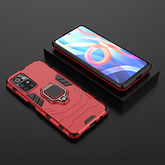 Silicone Matte Finish and Plastic Back Cover Case with Magnetic Finger Ring Stand for Xiaomi Poco M4 Pro 5G Red