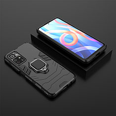 Silicone Matte Finish and Plastic Back Cover Case with Magnetic Finger Ring Stand for Xiaomi Redmi Note 11T 5G Black