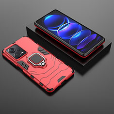 Silicone Matte Finish and Plastic Back Cover Case with Magnetic Finger Ring Stand for Xiaomi Redmi Note 12 Explorer Red