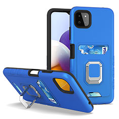 Silicone Matte Finish and Plastic Back Cover Case with Magnetic Finger Ring Stand J01S for Samsung Galaxy F42 5G Blue