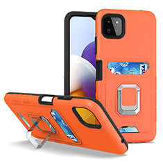 Silicone Matte Finish and Plastic Back Cover Case with Magnetic Finger Ring Stand J01S for Samsung Galaxy F42 5G Orange