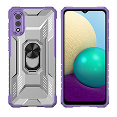 Silicone Matte Finish and Plastic Back Cover Case with Magnetic Finger Ring Stand J02S for Samsung Galaxy A02 Purple