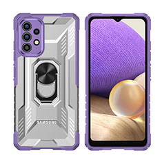 Silicone Matte Finish and Plastic Back Cover Case with Magnetic Finger Ring Stand J02S for Samsung Galaxy A32 4G Purple