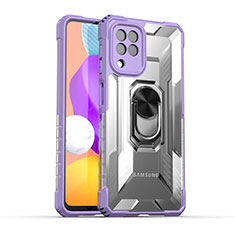 Silicone Matte Finish and Plastic Back Cover Case with Magnetic Finger Ring Stand J02S for Samsung Galaxy M22 4G Purple