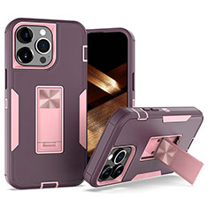 Silicone Matte Finish and Plastic Back Cover Case with Magnetic Finger Ring Stand J03S for Apple iPhone 15 Pro Purple