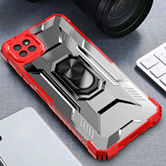 Silicone Matte Finish and Plastic Back Cover Case with Magnetic Finger Ring Stand J03S for Samsung Galaxy A22 5G Red