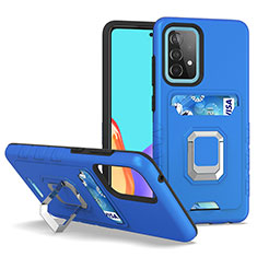 Silicone Matte Finish and Plastic Back Cover Case with Magnetic Finger Ring Stand J03S for Samsung Galaxy A52 4G Blue