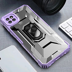 Silicone Matte Finish and Plastic Back Cover Case with Magnetic Finger Ring Stand J03S for Samsung Galaxy F42 5G Purple