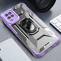 Silicone Matte Finish and Plastic Back Cover Case with Magnetic Finger Ring Stand J03S for Samsung Galaxy M12 Purple
