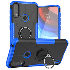 Silicone Matte Finish and Plastic Back Cover Case with Magnetic Finger Ring Stand JX1 for Motorola Moto E7 Power Blue