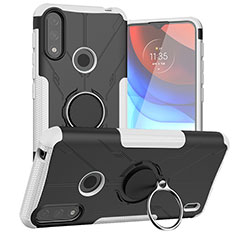 Silicone Matte Finish and Plastic Back Cover Case with Magnetic Finger Ring Stand JX1 for Motorola Moto E7 Power Silver