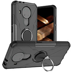 Silicone Matte Finish and Plastic Back Cover Case with Magnetic Finger Ring Stand JX1 for Nokia 5.4 Black