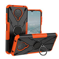 Silicone Matte Finish and Plastic Back Cover Case with Magnetic Finger Ring Stand JX1 for Nokia G10 Orange