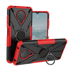 Silicone Matte Finish and Plastic Back Cover Case with Magnetic Finger Ring Stand JX1 for Nokia G20 Red