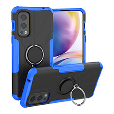 Silicone Matte Finish and Plastic Back Cover Case with Magnetic Finger Ring Stand JX1 for OnePlus Nord 2 5G Blue