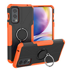 Silicone Matte Finish and Plastic Back Cover Case with Magnetic Finger Ring Stand JX1 for OnePlus Nord 2 5G Orange