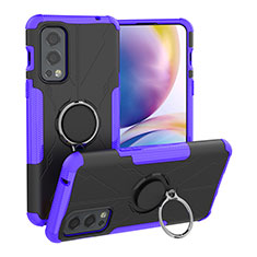 Silicone Matte Finish and Plastic Back Cover Case with Magnetic Finger Ring Stand JX1 for OnePlus Nord 2 5G Purple