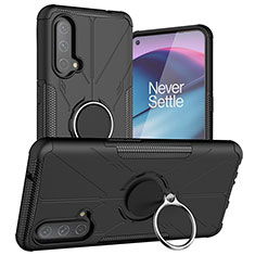 Silicone Matte Finish and Plastic Back Cover Case with Magnetic Finger Ring Stand JX1 for OnePlus Nord CE 5G Black