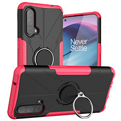 Silicone Matte Finish and Plastic Back Cover Case with Magnetic Finger Ring Stand JX1 for OnePlus Nord CE 5G Hot Pink