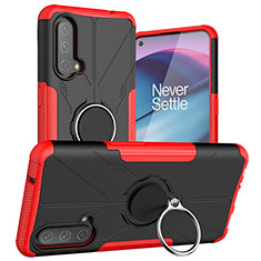 Silicone Matte Finish and Plastic Back Cover Case with Magnetic Finger Ring Stand JX1 for OnePlus Nord CE 5G Red