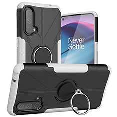 Silicone Matte Finish and Plastic Back Cover Case with Magnetic Finger Ring Stand JX1 for OnePlus Nord CE 5G Silver