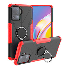 Silicone Matte Finish and Plastic Back Cover Case with Magnetic Finger Ring Stand JX1 for Oppo A94 4G Red