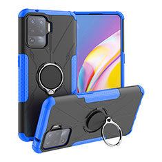 Silicone Matte Finish and Plastic Back Cover Case with Magnetic Finger Ring Stand JX1 for Oppo Reno5 F Blue