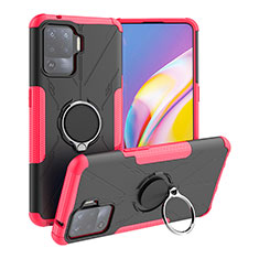 Silicone Matte Finish and Plastic Back Cover Case with Magnetic Finger Ring Stand JX1 for Oppo Reno5 F Hot Pink