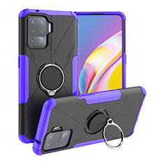 Silicone Matte Finish and Plastic Back Cover Case with Magnetic Finger Ring Stand JX1 for Oppo Reno5 F Purple