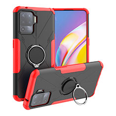 Silicone Matte Finish and Plastic Back Cover Case with Magnetic Finger Ring Stand JX1 for Oppo Reno5 F Red