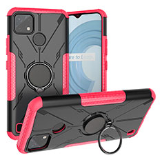 Silicone Matte Finish and Plastic Back Cover Case with Magnetic Finger Ring Stand JX1 for Realme C21Y Hot Pink