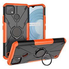 Silicone Matte Finish and Plastic Back Cover Case with Magnetic Finger Ring Stand JX1 for Realme C25Y India Orange