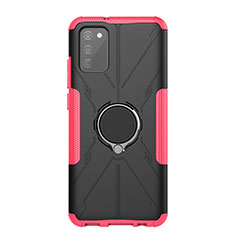 Silicone Matte Finish and Plastic Back Cover Case with Magnetic Finger Ring Stand JX1 for Samsung Galaxy A02s Hot Pink