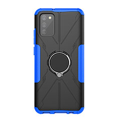 Silicone Matte Finish and Plastic Back Cover Case with Magnetic Finger Ring Stand JX1 for Samsung Galaxy A03s Blue