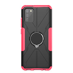 Silicone Matte Finish and Plastic Back Cover Case with Magnetic Finger Ring Stand JX1 for Samsung Galaxy A03s Hot Pink