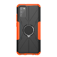 Silicone Matte Finish and Plastic Back Cover Case with Magnetic Finger Ring Stand JX1 for Samsung Galaxy A03s Orange