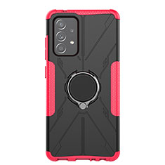 Silicone Matte Finish and Plastic Back Cover Case with Magnetic Finger Ring Stand JX1 for Samsung Galaxy A52 4G Hot Pink