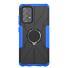 Silicone Matte Finish and Plastic Back Cover Case with Magnetic Finger Ring Stand JX1 for Samsung Galaxy A52s 5G Blue