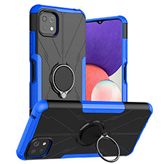 Silicone Matte Finish and Plastic Back Cover Case with Magnetic Finger Ring Stand JX1 for Samsung Galaxy F42 5G Blue