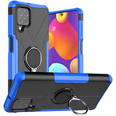 Silicone Matte Finish and Plastic Back Cover Case with Magnetic Finger Ring Stand JX1 for Samsung Galaxy F62 5G Blue