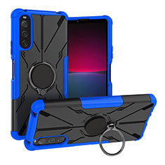 Silicone Matte Finish and Plastic Back Cover Case with Magnetic Finger Ring Stand JX1 for Sony Xperia 10 IV SOG07 Blue
