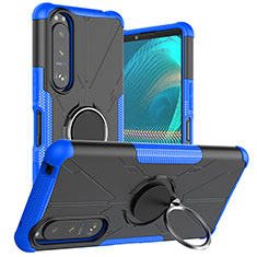 Silicone Matte Finish and Plastic Back Cover Case with Magnetic Finger Ring Stand JX1 for Sony Xperia 5 III SO-53B Blue