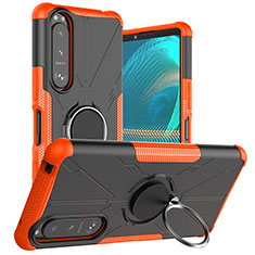 Silicone Matte Finish and Plastic Back Cover Case with Magnetic Finger Ring Stand JX1 for Sony Xperia 5 III SO-53B Orange
