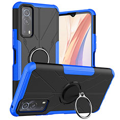 Silicone Matte Finish and Plastic Back Cover Case with Magnetic Finger Ring Stand JX1 for Vivo iQOO Z3 5G Blue