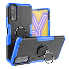 Silicone Matte Finish and Plastic Back Cover Case with Magnetic Finger Ring Stand JX1 for Vivo Y12A Blue